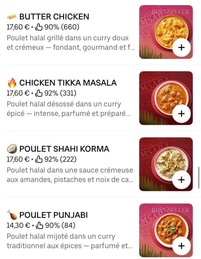 Exemple de menu indien retravaillé avec des photos gourmandes