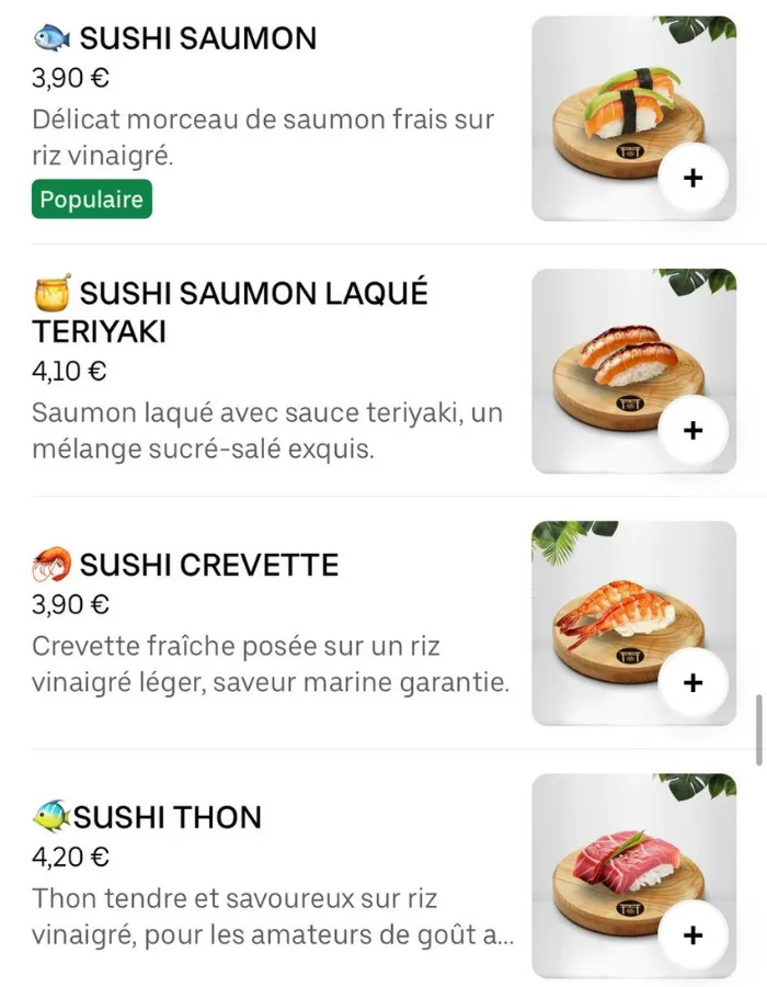 Exemple de menu sushi retravaillé avec des photos claires